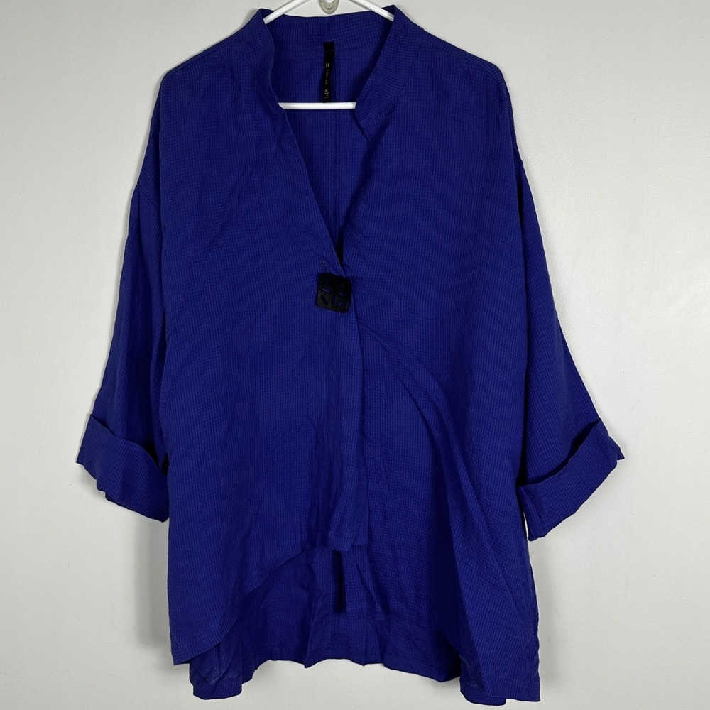 IC Connie K Blue Linen Blend Top Womens Size XL USA Style 6670J Lagenlook Button - Picture 2 of 10